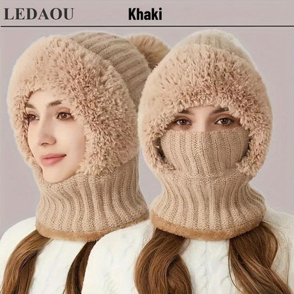Women'S Knitted Hat in Autumn and Winter, Cold Resistant Hat, Thickened with Fleece, Scarf Mask, One-Piece Warm Hat, Outdoor Cycling Hat