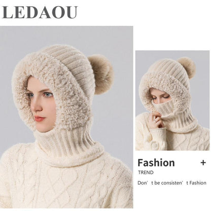 Women'S Knitted Hat in Autumn and Winter, Cold Resistant Hat, Thickened with Fleece, Scarf Mask, One-Piece Warm Hat, Outdoor Cycling Hat
