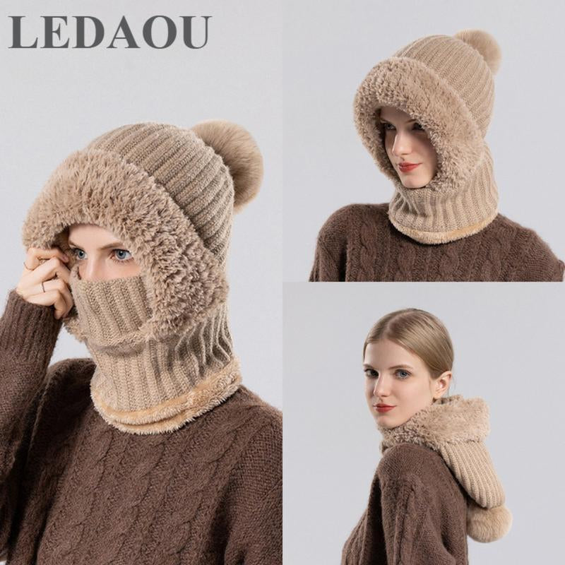 Women'S Knitted Hat in Autumn and Winter, Cold Resistant Hat, Thickened with Fleece, Scarf Mask, One-Piece Warm Hat, Outdoor Cycling Hat