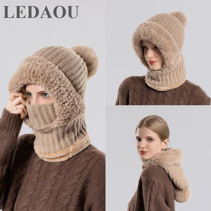 Women'S Knitted Hat in Autumn and Winter, Cold Resistant Hat, Thickened with Fleece, Scarf Mask, One-Piece Warm Hat, Outdoor Cycling Hat